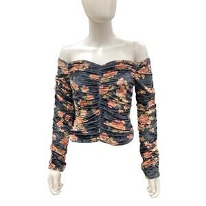 Free People Top Women’s SZ S Floral Velvety OffShoulder Long Sleeve Blue &Orange